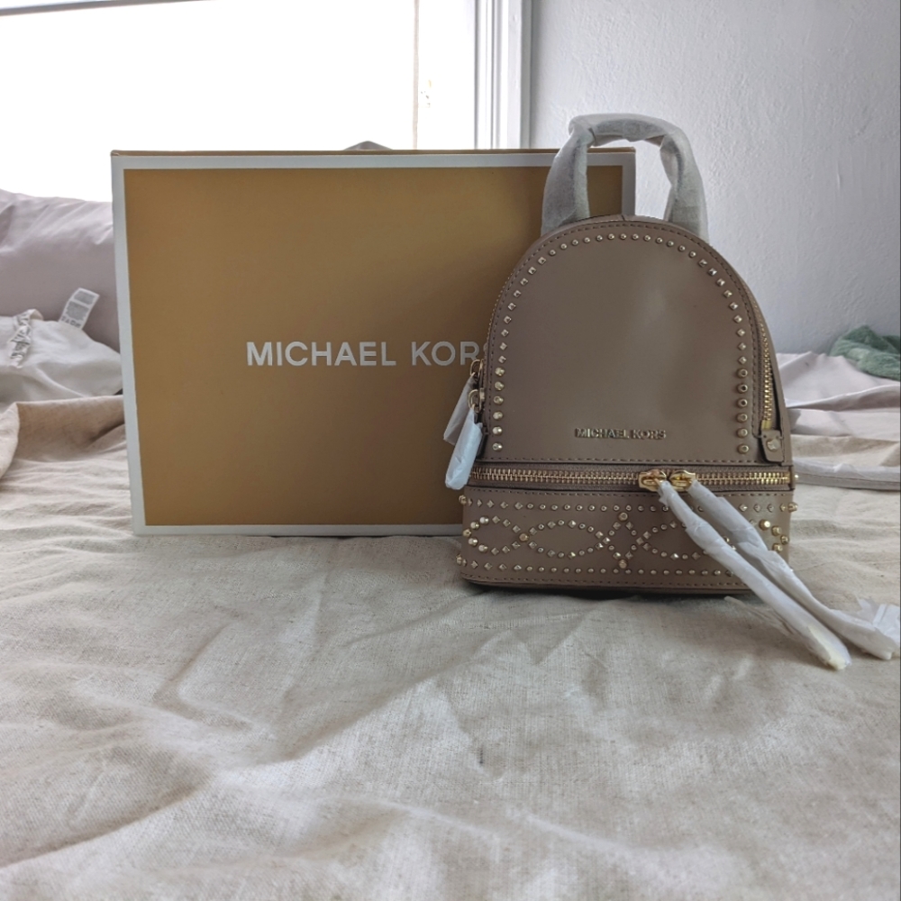 Michael Kors Rhea Small Leather Gold Studded Backpack in Truffle NWT